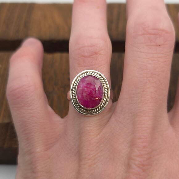 Jewelry - Size 7 Sterling Silver Faceted Rough Ruby Stone Ring A474